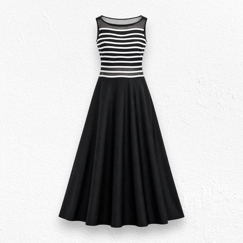JS Collections Black White Striped Illusion Mesh A Line Evening Gown Size 12